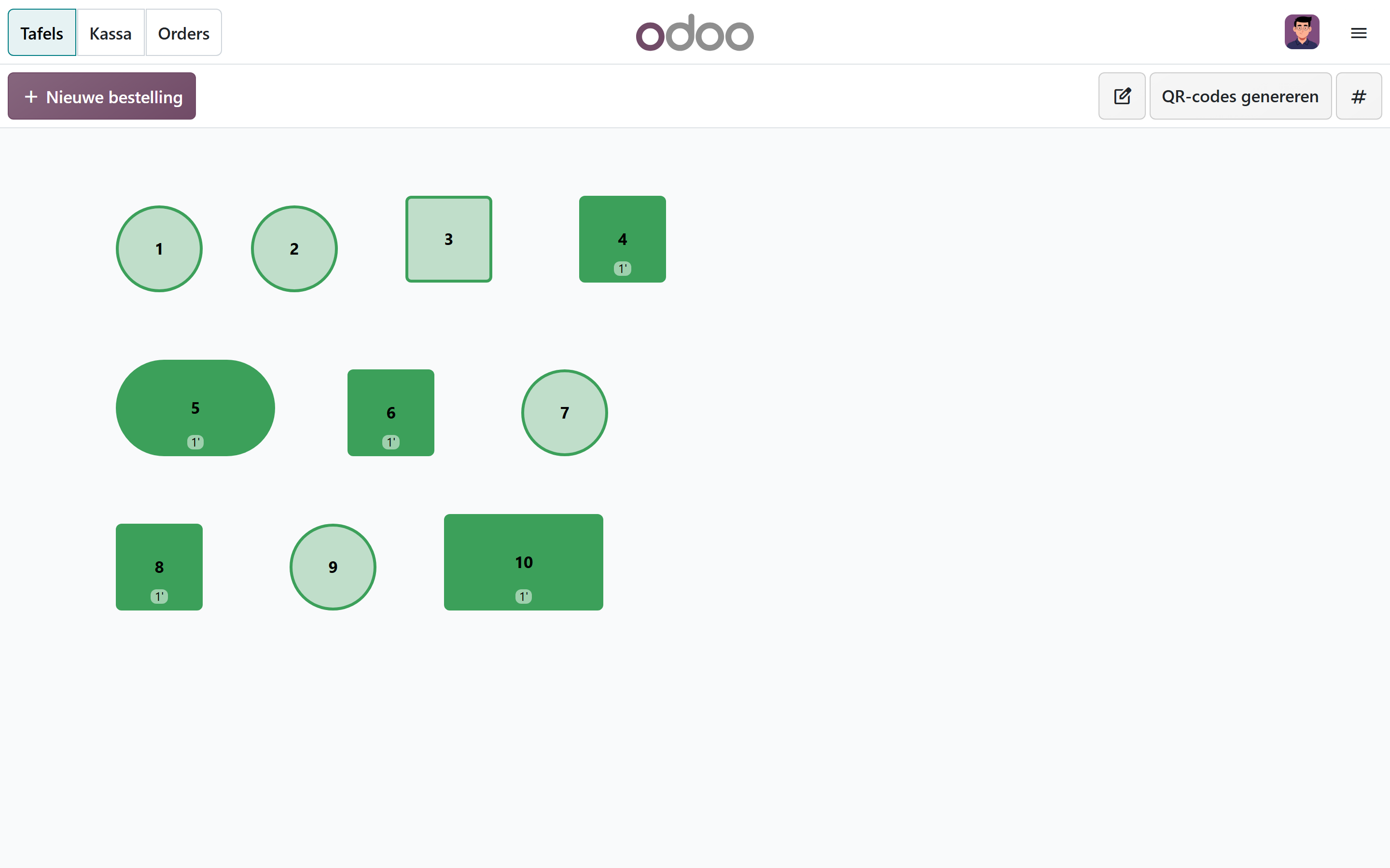 Odoo floor plan with ten tables, six of them running an order