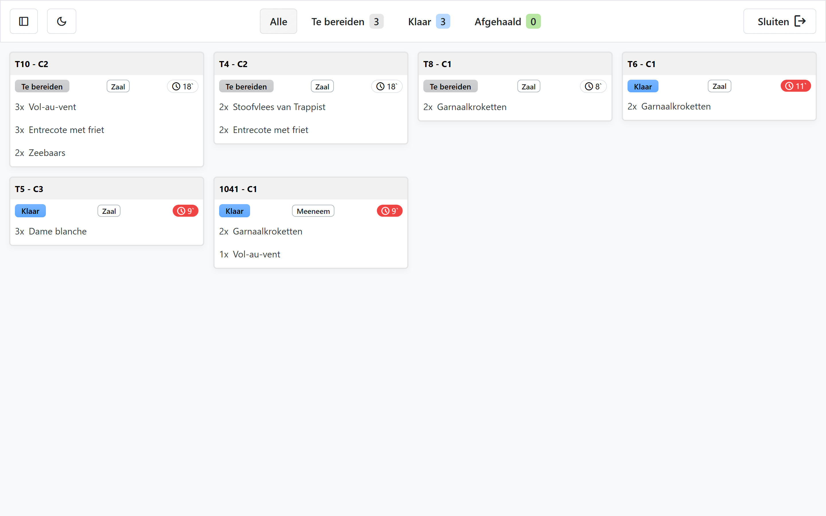 Odoo kitchen display with six order tickets, two of them past their timer