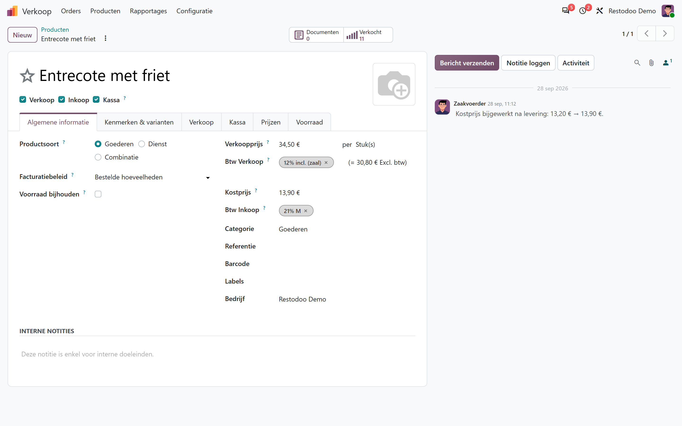Odoo product form for a dish, showing sale price against cost price