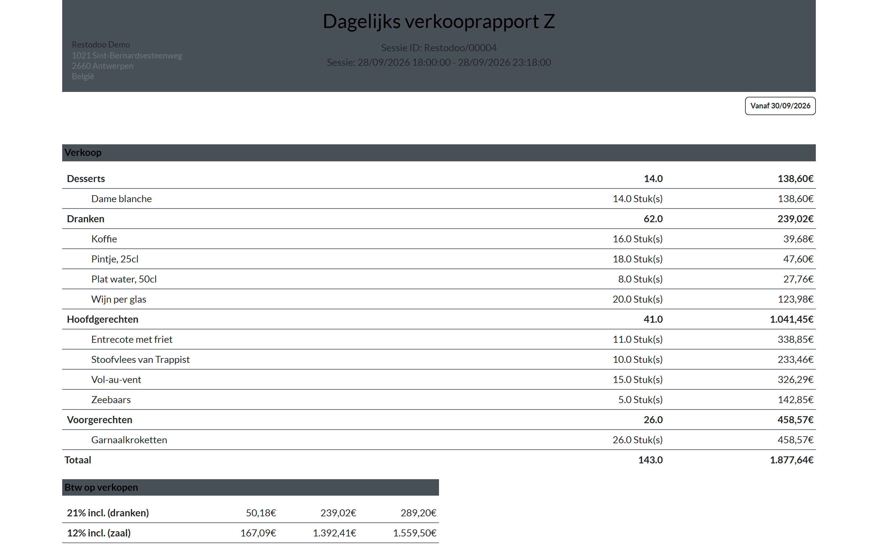 Odoo daily Z sales report with category totals and the VAT breakdown