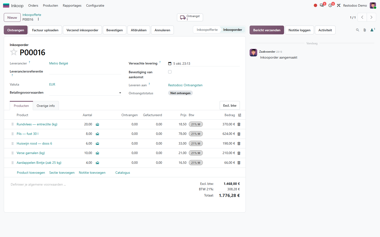 Odoo purchase order to a food supplier, with restaurant ingredients and totals