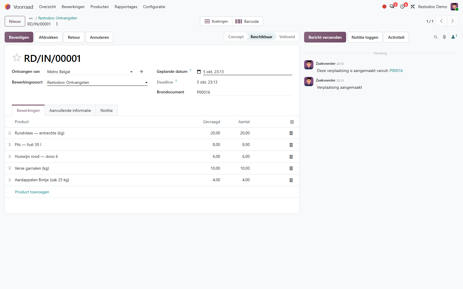 Odoo inventory receipt for a restaurant, listing the goods coming in